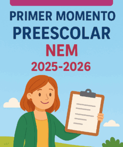 Ilustración de una mujer sonriente con un portapapeles, con el texto: "Evaluación Pimer Momento Preescolar NEM 2025-2026" sobre un sencillo fondo exterior.