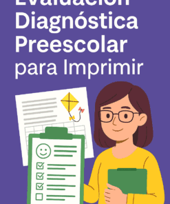 Ilustración de una mujer con un portapapeles, una lista de verificación y una cometa sobre un fondo morado. Texto: "Evaluación Diagnóstica Preescolar para Imprimir" (ideal para la evaluación del aprendizaje temprano).
