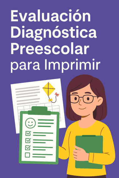 Ilustración de una mujer con un portapapeles, una lista de verificación y una cometa sobre un fondo morado. Texto: "Evaluación Diagnóstica Preescolar para Imprimir" (ideal para la evaluación del aprendizaje temprano).