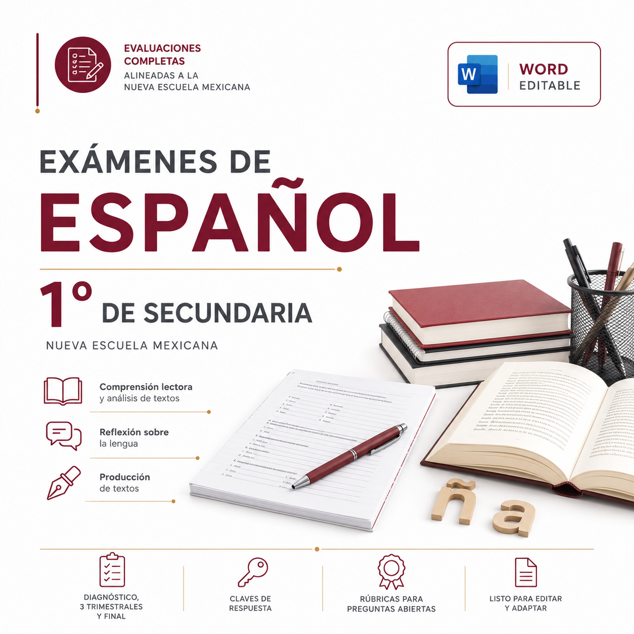 Exámenes de Español 1° de Secundaria NEM 2026-2027 Word Editable | Diagnóstico, Trimestrales y Final 1 Exámenes de Español 1° de Secundaria NEM 2026-2027 Word Editable | Diagnóstico, Trimestrales y Final