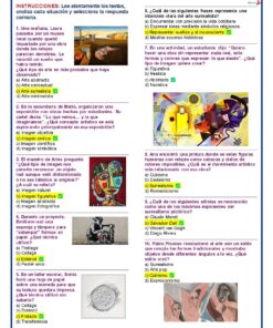 Una colorida hoja de ejercicios en español con imágenes de arte surrealista, preguntas de opción múltiple e instrucciones sobre el análisis de textos y obras de arte, centrándose en el surrealismo y la interpretación artística.