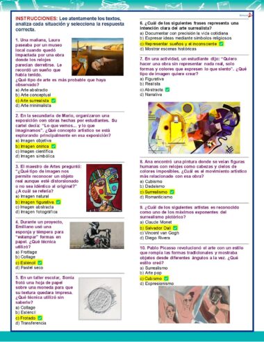 Una colorida hoja de ejercicios en español con imágenes de arte surrealista, preguntas de opción múltiple e instrucciones sobre el análisis de textos y obras de arte, centrándose en el surrealismo y la interpretación artística.