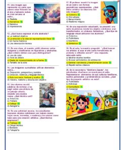 Una colorida hoja de ejercicios con preguntas sobre arte en español, con respuestas de opción múltiple e ilustraciones, entre ellas un perro flotando con nubes y un niño volando con globos. El diseño utiliza recuadros de colores vivos para las secciones y las preguntas.