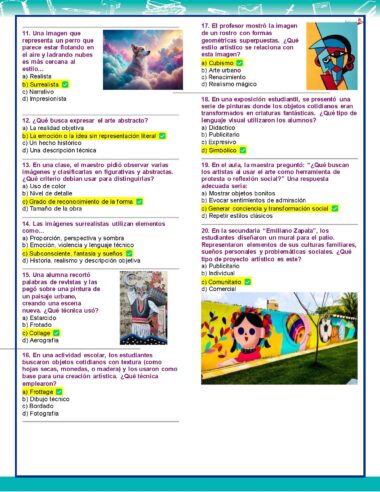 Una colorida hoja de ejercicios con preguntas sobre arte en español, con respuestas de opción múltiple e ilustraciones, entre ellas un perro flotando con nubes y un niño volando con globos. El diseño utiliza recuadros de colores vivos para las secciones y las preguntas.