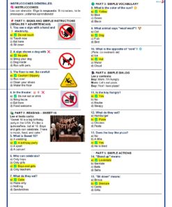 Una colorida hoja de ejercicios en inglés con instrucciones, signos y símbolos, preguntas de vocabulario, un breve diálogo y una foto de una mesa de cumpleaños 