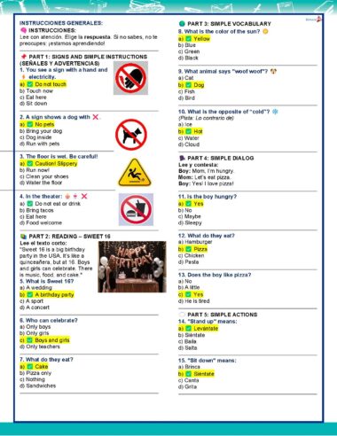 Una colorida hoja de ejercicios en inglés con instrucciones, signos y símbolos, preguntas de vocabulario, un breve diálogo y una foto de una mesa de cumpleaños "Sweet 16" decorada con globos y magdalenas.