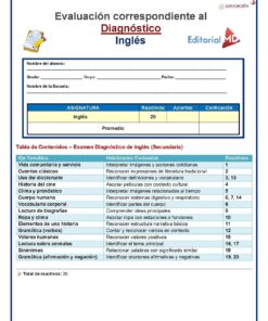 Una tabla de evaluación en español para inglés, con una lista de temas, habilidades y números reactivos. Las categorías incluyen comunidad, clásicos, uso del diccionario, tiempo, cuerpo, vocabulario, biografías, mitos, gramática y más.