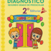 Colorida portada para Examen Diagnóstico Segundo Grado de Preescolar, con dos niños sonrientes de dibujos animados, globos, una pancarta de bienvenida y espacio para escribir el nombre del alumno. Ideal para actividades de evaluación preescolar.