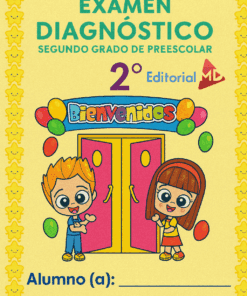 Colorida portada para Examen Diagnóstico Segundo Grado de Preescolar, con dos niños sonrientes de dibujos animados, globos, una pancarta de bienvenida y espacio para escribir el nombre del alumno. Ideal para actividades de evaluación preescolar.