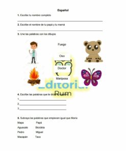 Una hoja de trabajo en español para Planeaciones Primaria Primer Grado 2021-2022 (Incluye los 3 Trimestres), que incluye una sección para escribir su nombre, etiquetar imágenes con palabras (fuego, doctor, oso, mariposa) y ejercicios para completar palabras similares a las dadas. ejemplos.