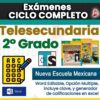 Gráfico promocional para "Exámenes 2° de Telesecundaria NEM (2025–2026) Ciclo Completo", con portadas de libros de texto, íconos de opción múltiple y opciones en formatos Word y Excel.