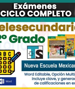 Gráfico promocional para "Exámenes 2° de Telesecundaria NEM (2025–2026) Ciclo Completo", con portadas de libros de texto, íconos de opción múltiple y opciones en formatos Word y Excel.