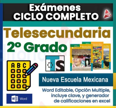 Gráfico promocional para "Exámenes 2° de Telesecundaria NEM (2025–2026) Ciclo Completo", con portadas de libros de texto, íconos de opción múltiple y opciones en formatos Word y Excel.