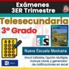 Imagen promocional para exámenes de telesecundaria de tercer grado. El texto destaca opciones múltiples, clave de respuestas y un generador de calificaciones de Excel. Incluye la portada del libro de texto, logotipos y la imagen de una mano llenando una hoja de examen.