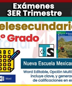Imagen promocional para exámenes de telesecundaria de tercer grado. El texto destaca opciones múltiples, clave de respuestas y un generador de calificaciones de Excel. Incluye la portada del libro de texto, logotipos y la imagen de una mano llenando una hoja de examen.