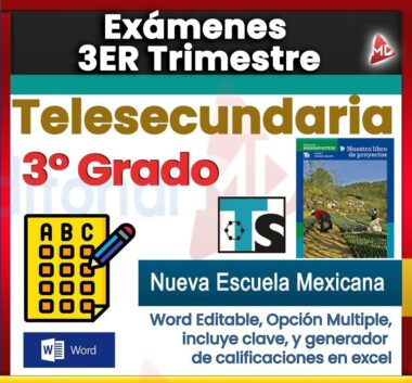 Imagen promocional para exámenes de telesecundaria de tercer grado. El texto destaca opciones múltiples, clave de respuestas y un generador de calificaciones de Excel. Incluye la portada del libro de texto, logotipos y la imagen de una mano llenando una hoja de examen.