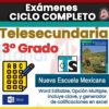 Imagen promocional de "Exámenes Ciclo Completo Telesecundaria 3° Grado", con íconos de pruebas, una portada de libro de texto y resaltado de texto en formato Word editable, opción múltiple, clave de respuestas y generador de calificaciones de Excel.