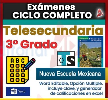 Imagen promocional de "Exámenes Ciclo Completo Telesecundaria 3° Grado", con íconos de pruebas, una portada de libro de texto y resaltado de texto en formato Word editable, opción múltiple, clave de respuestas y generador de calificaciones de Excel.