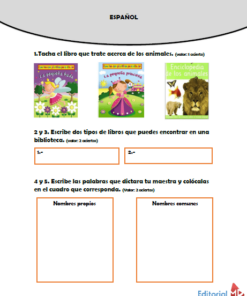 Una hoja de trabajo escolar en español de las Planeaciones del Segundo Grado de Primaria 2021-2022 (Primer Trimestre) sobre libros de la biblioteca con imágenes de portadas de libros de un insecto y un león, con secciones para escribir títulos de libros y diferenciar entre sustantivos propios y comunes.