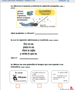 Imagen de una hoja de examen escolar para las Planeaciones del Segundo Grado de Primaria 2021-2022 (Primer Trimestre) con preguntas de opción múltiple y escritas en español, enfocadas en el análisis de publicidad. Contiene ilustraciones, cuadros para respuestas y elementos gráficos sencillos.