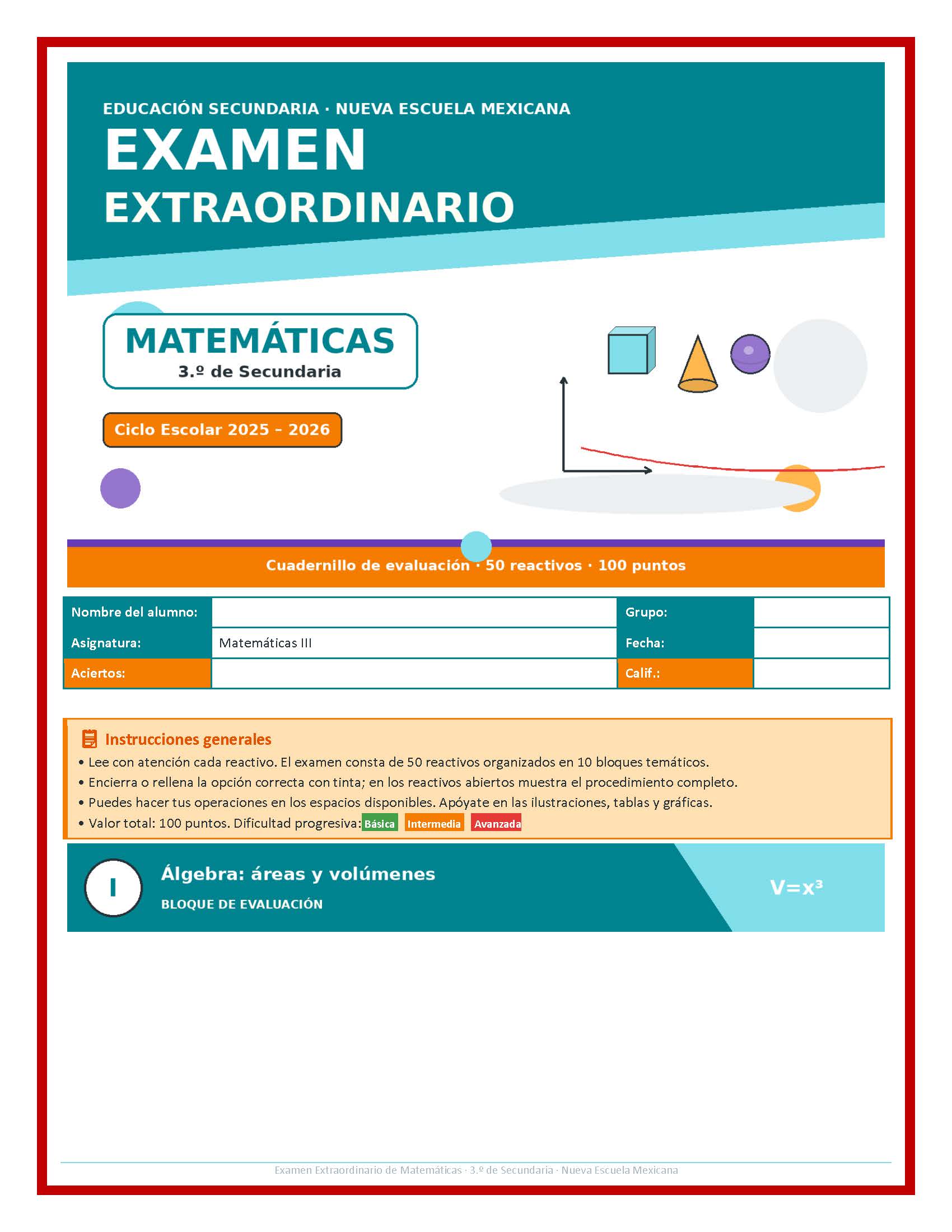 Examen Extraordinario Matemáticas Secundaria 1°, 2° y 3° Grado NEM | Word Editable 6 Examen Extraordinario Matemáticas Secundaria 1°, 2° y 3° Grado NEM | Word Editable - Image 6