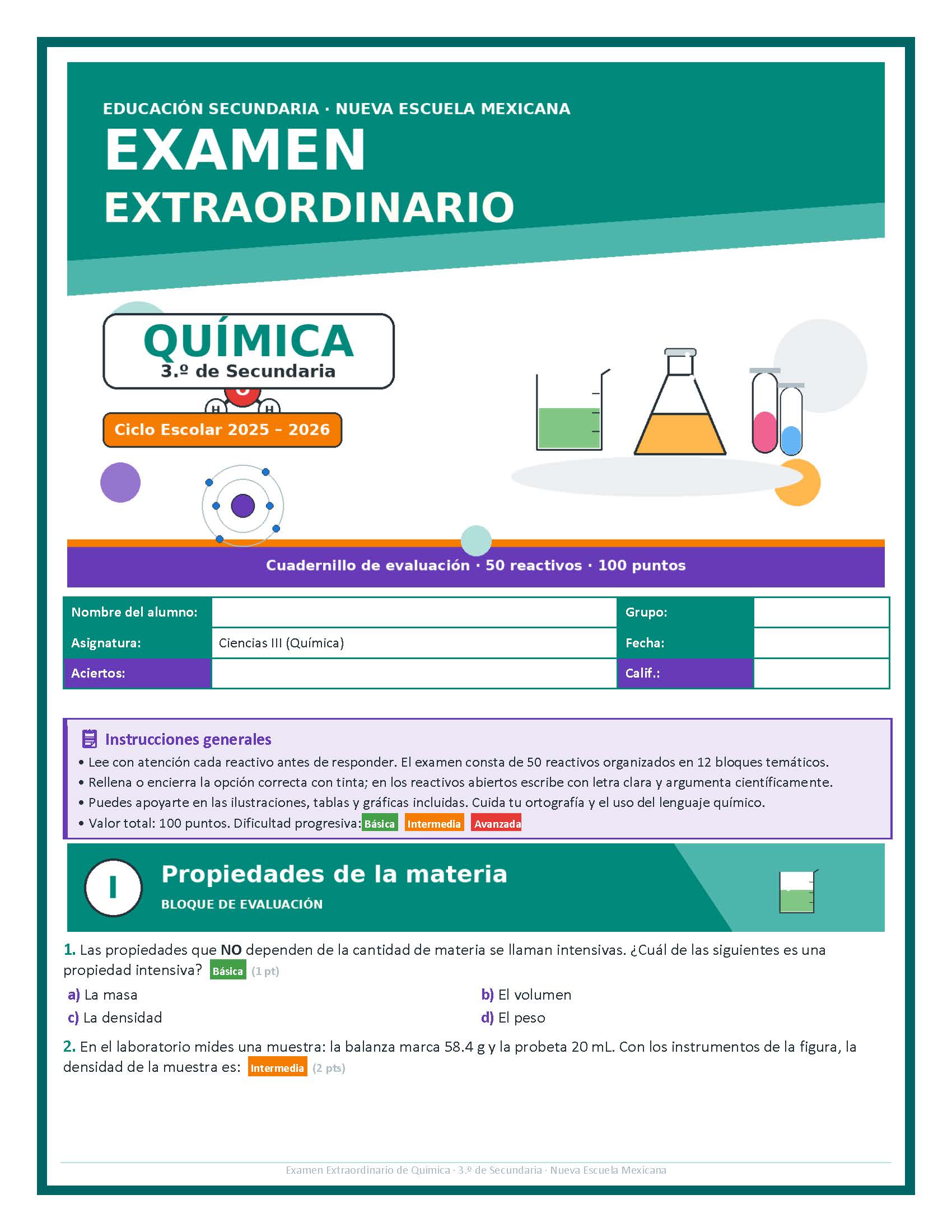 Examen Extraordinario Química Secundaria 3° Grado NEM | Word Editable 5 Examen Extraordinario Química Secundaria 3° Grado NEM | Word Editable - Image 5