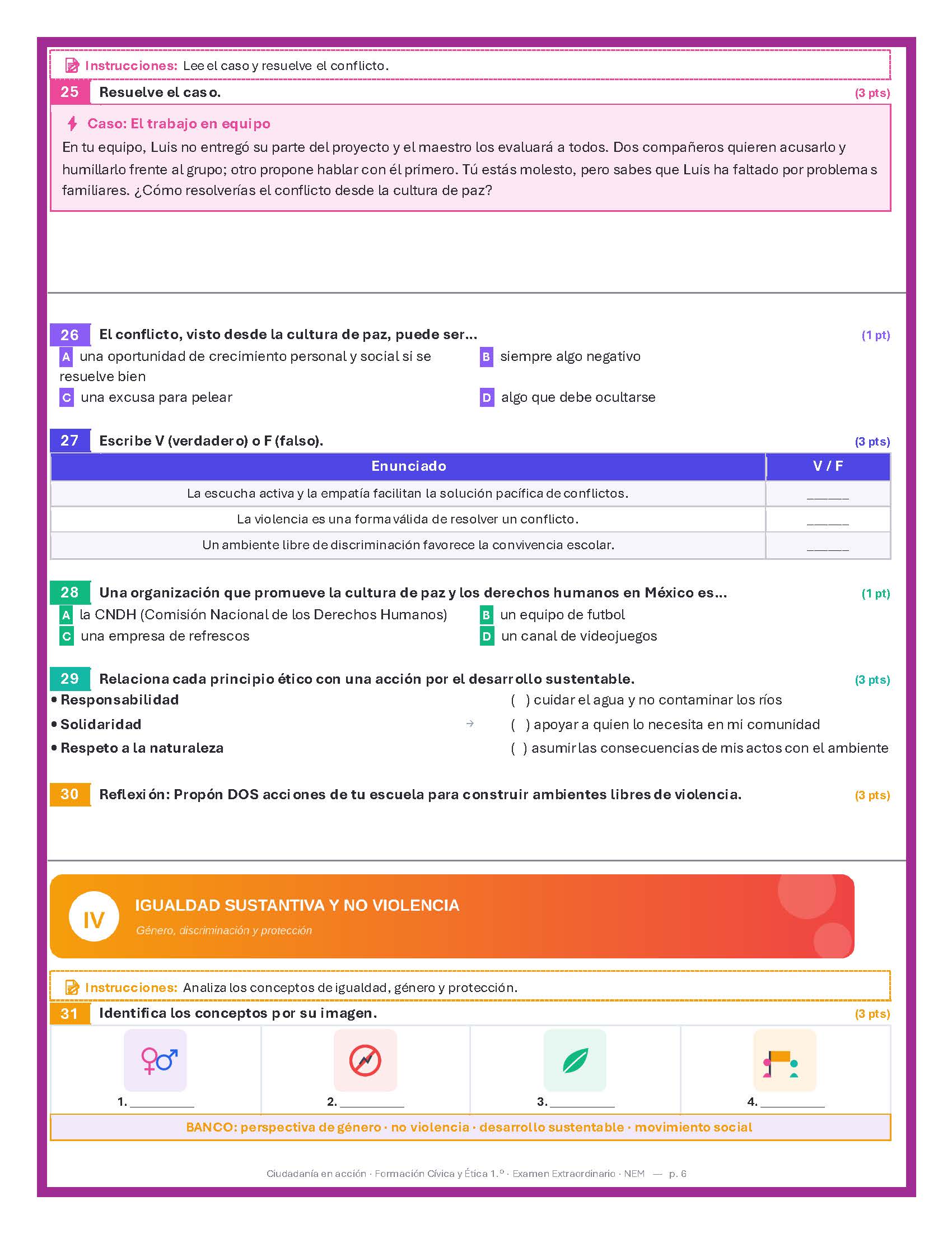 Examen Extraordinario Formación Cívica y Ética Secundaria 1°, 2° y 3° Grado NEM | Word Editable 3 Examen Extraordinario Formación Cívica y Ética Secundaria 1°, 2° y 3° Grado NEM | Word Editable - Image 3