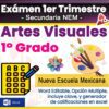 Imagen de portada para un examen de Artes Visuales de primer grado, con texto sobre el examen, pinceles, una paleta, una flor y una hoja de respuestas. Incluye etiquetas sobre el formato Word y la Nueva Escuela Mexicana.