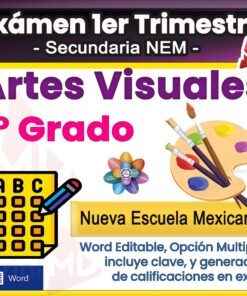 Imagen de portada para un examen de Artes Visuales de primer grado, con texto sobre el examen, pinceles, una paleta, una flor y una hoja de respuestas. Incluye etiquetas sobre el formato Word y la Nueva Escuela Mexicana.