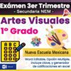 Gráfico promocional para un examen de artes visuales del tercer trimestre para 1º de primaria, con iconos de materiales de arte, una paleta, una hoja de opciones múltiples y texto sobre el formato Word editable y la calificación automática.