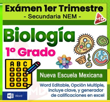 Gráfico promocional para un examen de biología de 1º de primaria, con coloridos dibujos de células y una hoja de preguntas. El texto destaca que es para el primer trimestre, NEM secundaria, incluye clave de respuestas y es editable en Word.