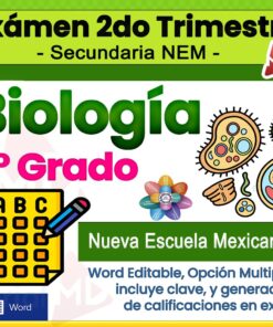 Gráfico promocional a color para un examen de biología de 1er grado, segundo trimestre, para "Secundaria NEM". Incluye iconos de microbios, una hoja de scantron y funciones de notas como archivo Word editable, clave de respuestas y calificación en Excel.