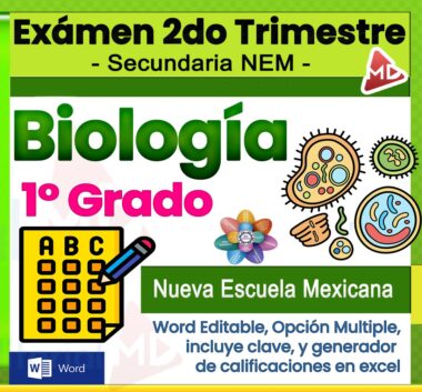 Gráfico promocional a color para un examen de biología de 1er grado, segundo trimestre, para "Secundaria NEM". Incluye iconos de microbios, una hoja de scantron y funciones de notas como archivo Word editable, clave de respuestas y calificación en Excel.