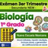 Colorida imagen promocional para un examen de biología de 1er grado de secundaria, con íconos temáticos de biología, una hoja de respuestas y texto resaltando que es para la Nueva Escuela Mexicana con opciones editables de Word y opción múltiple.