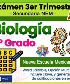 Colorida imagen promocional para un examen de biología de 1er grado de secundaria, con íconos temáticos de biología, una hoja de respuestas y texto resaltando que es para la Nueva Escuela Mexicana con opciones editables de Word y opción múltiple.
