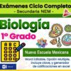 Gráfica promocional para un paquete de examen de biología de 1er grado para "Secundaria NEM" con celdas de colores, un ícono de opción múltiple y "Nueva Escuela Mexicana". Incluye características: archivo Word editable, clave de respuestas y generador de calificaciones en Excel.