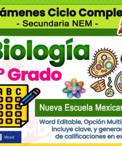Gráfica promocional para un paquete de examen de biología de 1er grado para "Secundaria NEM" con celdas de colores, un ícono de opción múltiple y "Nueva Escuela Mexicana". Incluye características: archivo Word editable, clave de respuestas y generador de calificaciones en Excel.