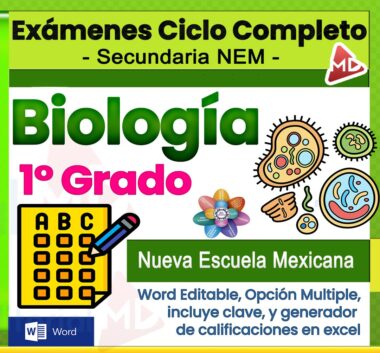 Gráfica promocional para un paquete de examen de biología de 1er grado para "Secundaria NEM" con celdas de colores, un ícono de opción múltiple y "Nueva Escuela Mexicana". Incluye características: archivo Word editable, clave de respuestas y generador de calificaciones en Excel.