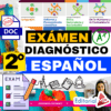 Gráfico educativo en color para un examen de diagnóstico de 2º de español, con material escolar, iconos de asignaturas, una lista de control, el texto "EXÁMEN DIAGNÓSTICO 2º ESPAÑOL" y el logotipo de Editorial MD, con una mujer en la esquina.