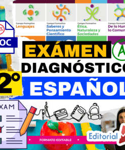 Gráfico educativo en color para un examen de diagnóstico de 2º de español, con material escolar, iconos de asignaturas, una lista de control, el texto "EXÁMEN DIAGNÓSTICO 2º ESPAÑOL" y el logotipo de Editorial MD, con una mujer en la esquina.