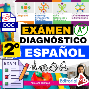Gráfico educativo en color para un examen de diagnóstico de 2º de español, con material escolar, iconos de asignaturas, una lista de control, el texto "EXÁMEN DIAGNÓSTICO 2º ESPAÑOL" y el logotipo de Editorial MD, con una mujer en la esquina.
