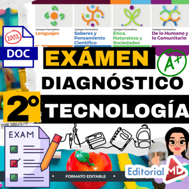 Colorido póster educativo en español con texto sobre un examen de tecnología diagnóstica para 2º de primaria. Incluye iconos escolares, marcas de verificación, una hoja de examen y el logotipo de Editorial MD, con un fondo vibrante y lúdico.