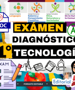 Colorido póster educativo en español para un examen de diagnóstico tecnológico de 1º de primaria, con iconos, material escolar, listas de control, una calificación "A+" y texto destacando los campos formativos y el logotipo de Editorial MD.