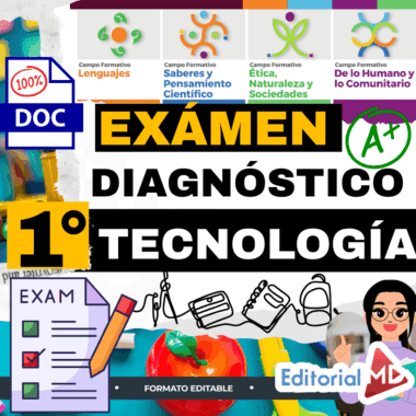Colorido póster educativo en español para un examen de diagnóstico tecnológico de 1º de primaria, con iconos, material escolar, listas de control, una calificación "A+" y texto destacando los campos formativos y el logotipo de Editorial MD.