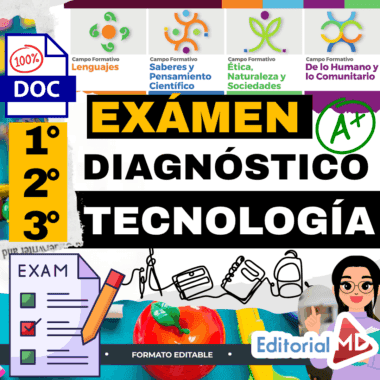 Gráfico educativo a todo color para un examen de diagnóstico tecnológico que abarca los cursos 1º, 2º y 3º, con iconos de diferentes áreas de aprendizaje, marcas de verificación, material escolar y una calificación de "A+". El texto destaca "EXÁMEN DIAGNÓSTICO TECNOLOGÍA.