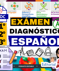 Gráfico en color para un examen de diagnóstico en español para los cursos 1º a 3º, con iconos de campos académicos, texto en negrita, un símbolo "A+", una lista de control, material escolar y el logotipo de Editorial MD.