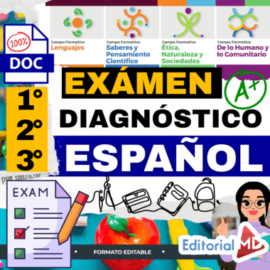 Gráfico en color para un examen de diagnóstico en español para los cursos 1º a 3º, con iconos de campos académicos, texto en negrita, un símbolo "A+", una lista de control, material escolar y el logotipo de Editorial MD.