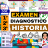 Gráfico colorido para un examen de historia diagnóstica para 1º, 2º y 3º grados, con listas de control, material escolar, iconos educativos y texto en negrita en español. Se incluyen logotipos y la marca "Editorial MD".