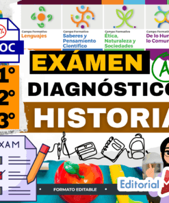 Gráfico colorido para un examen de historia diagnóstica para 1º, 2º y 3º grados, con listas de control, material escolar, iconos educativos y texto en negrita en español. Se incluyen logotipos y la marca "Editorial MD".
