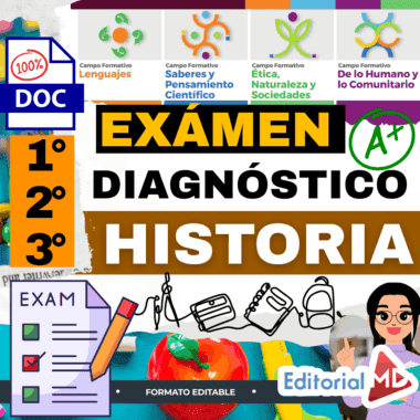 Gráfico colorido para un examen de historia diagnóstica para 1º, 2º y 3º grados, con listas de control, material escolar, iconos educativos y texto en negrita en español. Se incluyen logotipos y la marca "Editorial MD".